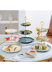 KHAY ĐỰNG BÁNH KẸO HOA QUẢ BẰNG SỨ 3 TẦNG VIỀN VÀNG CAO CẤP SANG TRỌNG