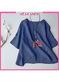 Áo kiểu nữ cổ tròn tay lỡ form rộng thoải mái, chất liệu Đũi cao cấp mềm mịn, mát, hoạ tiết Thêu tỉ mỉ NeSa Shop AKH.57