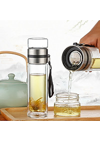 Bình Pha Trà Thuỷ Tinh 2 Lớp Cách Nhiệt Có Lõi Lọc Inox Chịu Nhiệt Cao Dung Tích 450ml Cầm Tay Tiện Lợi - HÀNG CHÍNH HÃNG MININ