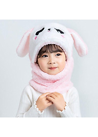 Mũ len nữ lông cừu liền khăn cổ tai gấu ấm áp mùa đông - mu len nu lien khan co