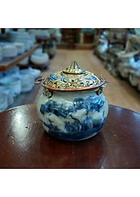 Điếu bát men rạn bọc đồng đắp nổi cây Tùng chính hãng gốm sứ Bát Tràng (điếu hút thuốc lào)