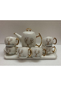 Bộ ấm chén kèm khay sứ pha trà trắng họa tiết hươu rừng