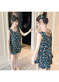 Bộ đồ mặc ở nhà dành cho nữ, bộ áo ba lỗ và quần đùi nhún bèo vải lanh mặc nhà mềm mát, trẻ trung size 35 - 75 kg