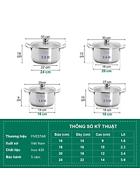 Bộ 4 Nồi Nắp Kiếng 3 Đáy FIVESTAR FS08CG  - Hàng Chính Hãng