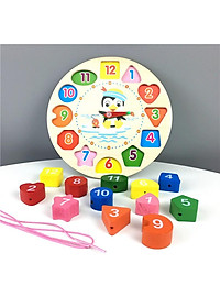 Đồng hồ Gỗ xếp hình học xỏ dây cho bé học đếm giờ phân biệt màu sắc hình khối - Xâu chuỗi hạt bằng gỗ