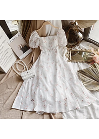 Váy hoa nhí cổ vuông tiểu thư - váy trắng hoa nhí hàn quốc