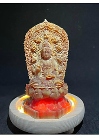 Tượng phật bà quan âm bồ tát mini khắc hai mặt bằng gỗ huyết long kt cao 13×6×6cm