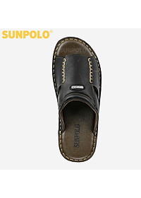 Dép Nam Quai Ngang Da Bò Cao Cấp SUNPOLO SUA12D - Đen