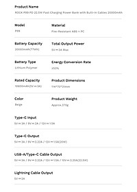 Pin dự phòng sạc nhanh ROCK P99 PD 22.5W 20000mAh có cáp tích hợp , hàng chính hãng bảo hành 1 năm
