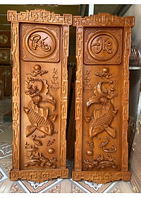 Tranh treo tường lý ngư vọng nguyệt bằng gỗ gõ đỏ kt 37×117×4cm
