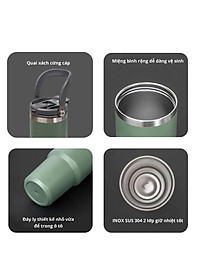 Ly Giữ Nhiệt inox 304 không gỉ sét kèm quai xách và ống hút Mishio size 600ml và 900ml - Hàng chính hãng