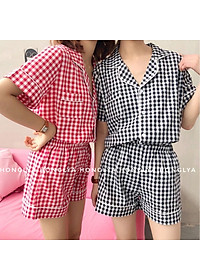 Bộ ngủ cộc cộc kẻ caro siêu dễ thương Pijama kẻ caro Pizama dễ thương Pyjama