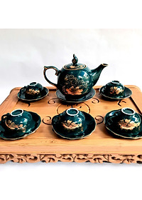 Bộ ấm chén Bát Tràng cao cấp phú quý Mallard màu xanh Arctic họa tiết hoa sen vẽ vàng 24k 