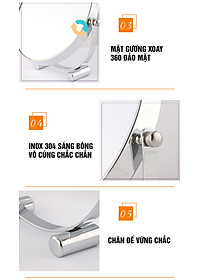 Gương trang điểm phóng đại 3 lần, xoay 360 độ, 2 mặt siêu nét, để bàn, Inox 304, Size 18cm, 20cm, Minh House G31