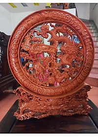 Đĩa trang trí phong thủy trạm khắc tứ linh bằng gỗ hương đá mặt rộng 40×4cm