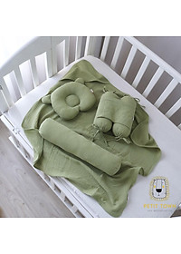 Combo Set Đồ Sơ Sinh 4 Món Vải Xô Muslin (Gối Chống Bẹp Đầu, Gối Chặn, Gối Ôm, Khăn Ủ)