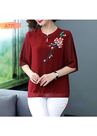 Đồ bộ nữ trung niên đồ bộ cho mẹ mặc nhà ống rộng, áo thêu hoa, vải voan mịn mát, có size lớn