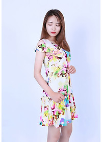 Váy đầm lanh (tole) Vicci CVN004.2 vải lanh chéo Hàn cao cấp, thiết kế tay ngắn, dáng đuôi cá suông nhẹ, mềm nhẹ, thấm hút mồ hôi, họa tiết hoa sen hồng nền trắng vàng, phù hợp mặc nhà, đi chơi