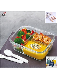 Hộp Cơm Thủy Tinh 3 Ngăn 1050 ml + Túi Cá + Hộp Đũa Thìa Cán gỗ ( Giao màu ngẫu nhiên) cực kì tiện lợi