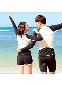 Đồ bơi đôi nam nữ đi biển đẹp, phong cách trẻ trung, áo khoác khóa dài tay, quần sooc đùi thể thao, nữ có áo trong | BN021 | KT021