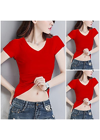 Áo thun nữ trơn cổ tim tay ngắn thun cotton 4 chiều form ôm body MXM ( ANU007 )