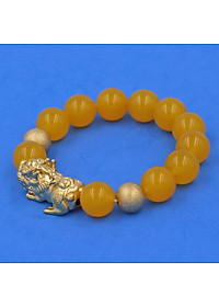 Vòng chuỗi đeo tay đá thạch anh vàng 14 ly ( size lớn ) charm tỳ hưu và bi inox vàng, vòng tay chuỗi hạt