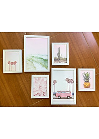 Bộ khung 06 tranh phong cảnh tông màu hồng pastel treo tường, trang trí  phòng khách, phòng ngủ - Tặng set đinh treo tranh chuyên dụng và khung bo ngoài màu trắng