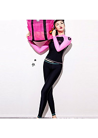 Set Đồ Bơi Ba Chi Tiết Đồ Bơi Nữ Tay Dài Quần Dài Màu Hồng Đen Chủ Đạo AT205 MayHomes Black-Pink Colored Long Sleeves And Long Pants Women Swimwear Set, UPF 50 Sun Protection