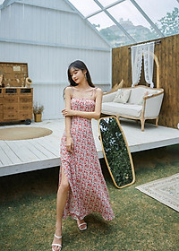 Đầm maxi xẻ tà dàng dài, họa tiết hoa nhí màu đẹp, chất voan tơ cao cấp, váy 2 kiểu mặc: 2 dây và vai trần | MX056