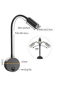 Đèn đọc sách đầu giường, Loại gắn tường, Ánh sáng chiếu rọi điểm 3W, Nguồn 220V