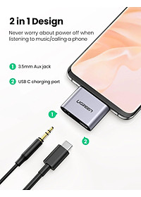 Ugreen UG70312CM193TK 2 trong 1 màu xám bộ chuyển USB type C ra 3.5mm audio và sạc nhanh cổng c chuẩn pd - HÀNG CHÍNH HÃNG