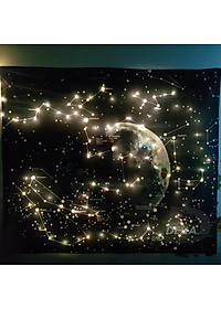 Combo bộ thảm tranh treo tường họa tiết dải ngân hà bằng vải mỏng và dây đèn led đom đóm trang trí (vải+ dây led+đinh)