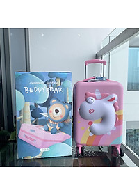 Vali Kéo Du lịch Trẻ Em MCN Beddy Bear 17 inch - họa tiết Kỳ Lân dập nổi 3D chống va đập, bánh xoay 360 - Khóa TSA cố định trên Vali - Bảo hành 5 năm MIỄN PHÍ