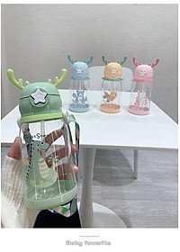 Bình Nước Thể Thao Có Ống Hút 600ml Hình Gạc Nai Hươu Dễ Thương Nhiều Màu Sắc Cho Bé - Hàng Loại 1 - Chính Hãng MINIIN