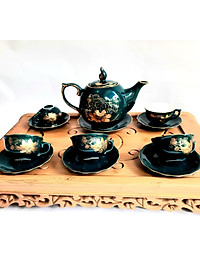 Bộ ấm chén Bát Tràng cao cấp phú quý Mallard màu xanh Arctic họa tiết hoa sen vẽ vàng 24k 