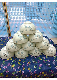 Bộ 10 bát con ăn cơm vẽ hoa đào xanh gốm sứ Bát Tràng