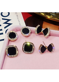 Bông tai nữ đen đính đá nhiều lựa chọn hình nơ, sao, tròn, vuông