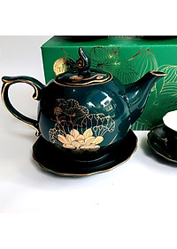 Bộ ấm chén Bát Tràng cao cấp phú quý Mallard màu xanh Arctic họa tiết hoa sen vẽ vàng 24k 