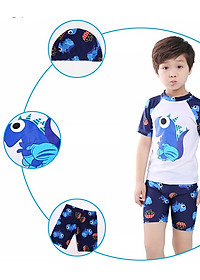 Bộ Đồ Bơi Khủng Long Dành Cho Bé Trai Cao Từ 85cm - 125cm chất vải Polyeste thân thiện với trẻ em, mau khô, thấm hút mồ hôi tốt, thiết kế thời trang bắt mắt - Tặng kèm nón bơi vải cùng màu