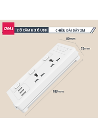 Ổ Cắm Điện Đa Năng Kèm Cổng USB Có Công Tắc Tải 2500W Nắp Chống Giật Chống Cháy Chất Lượng Cao Deli - Dây 2M/3M/5M - ET401 411