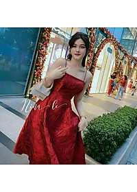 Đầm xoè 2 dây hoa gấm cao cấp