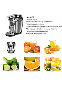 Máy vắt cam cao cấp thương hiệu Canmax CJ-186 - Chất liệu: Inox 304 - Dung tích: 1000ml - Công suất: 120W - Hàng Nhập Khẩu