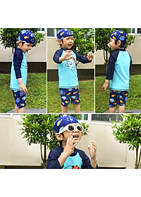 Set đồ bơi bé trai tay lỡ kèm mũ bơi, vải thun bơi Hàn co giãn 4 chiều, dày dặn mịn mát, bộ bơi 2 mảnh con trai dày dặn đẹp | BT13