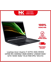 Laptop Acer Aspire 7 A715-42G-R4XX (AMD R5-5500U/ 8GB DDR4/ 256GB SSD/ GTX 1650 4GB/ 15.6 FHD IPS/ Win11) – Hàng Chính Hãng
