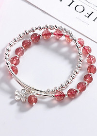 Vòng tay 2 line đá thạch anh dâu phối charm hoa bạc mệnh hỏa, thổ - Ngọc Quý Gemstones