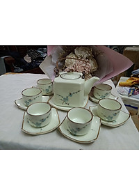 Bộ ấm chén men kem vẽ hoa đào xanh gốm sứ Bát Tràng