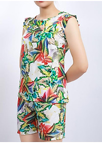 Bộ mặc nhà lanh (tole) Vicci BS3D.069.16 quần short vải Thái 3D cao cấp họa tiết lá nhiều màu