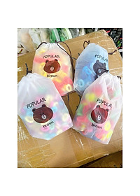 Túi Chun Cột Tóc Vải Mix Màu Kèm Túi Rút Gấu Nâu Xinh Xắn Cho Bé Gái