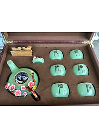 Bộ ấm trà chạm hoa mai đá ngọc cẩm thạch xanh