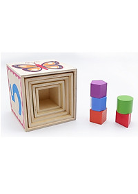 Đồ chơi lồng hộp vuông thả khối, đồ chơi tháp xếp chồng thả hình khối tập đếm gỗ đa chức năng thông minh cho bé